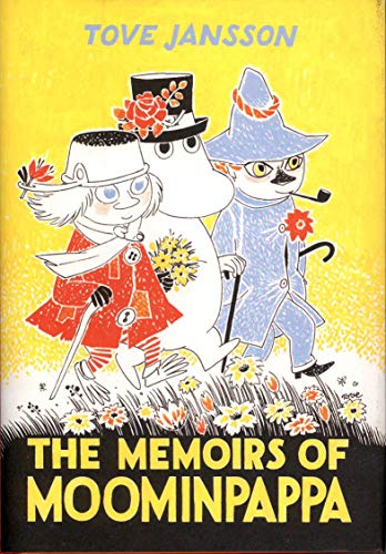 Book cover featuring Moomin characters walking through a field of flowers on yellow background.