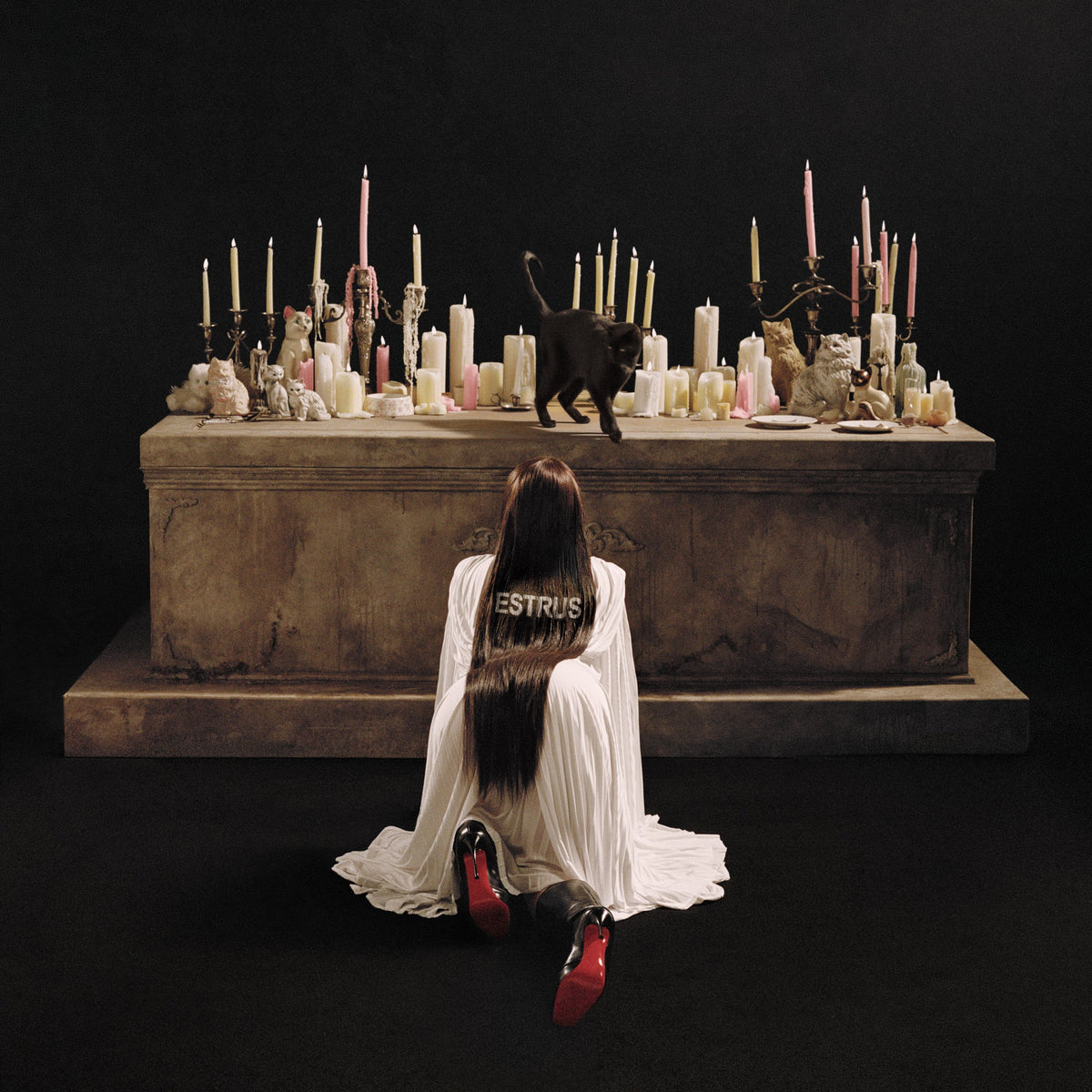 Woman with long hair kneels before a table with candles and cats.
