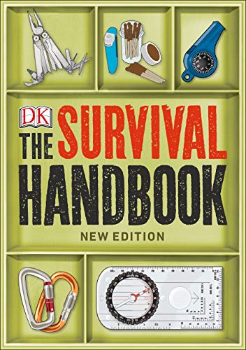 Book cover: "The Survival Handbook" with tools in shelf compartments.