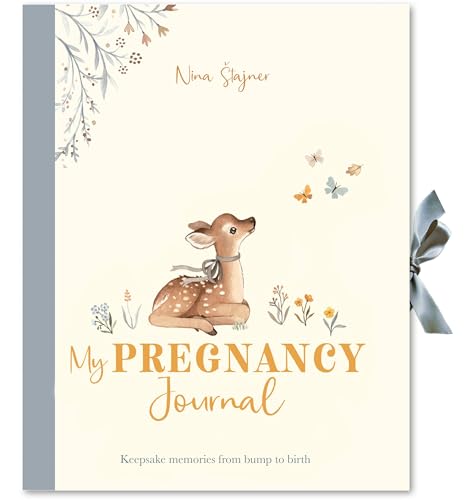A journal with a pastel cover featuring a pregnant woman or baby illustrations inside.