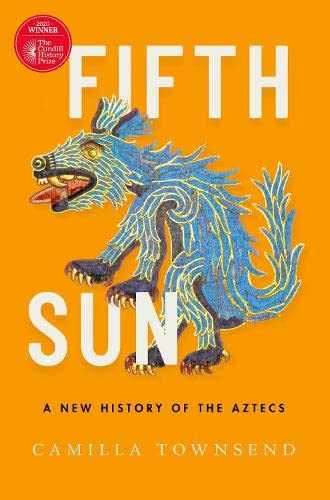 Book cover with orange background, white text, and a blue stylized Aztec dog illustration.