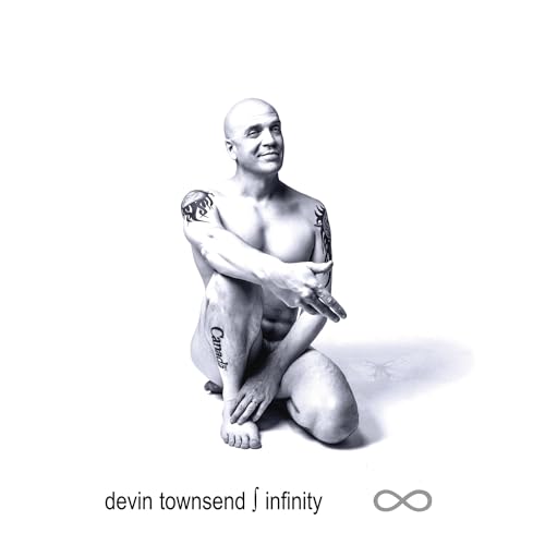 Devin Townsend album cover: bald man with tattoos, kneeling on white.