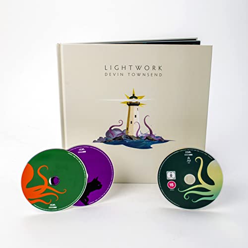 CD album Lightwork by Devin Townsend with a lighthouse cover and three colored discs.
