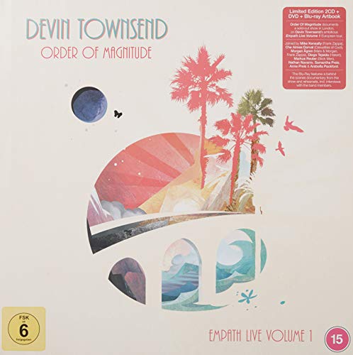 Devin Townsend “Order Of Magnitude” album cover with palm trees and a sunset.
