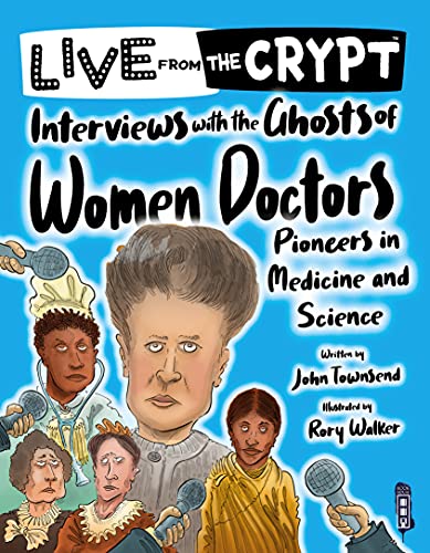 Book cover with illustrated portraits of historical women doctors at microphones.