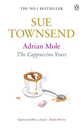 Book cover: "Adrian Mole: The Cappuccino Years" with coffee cup illustration.