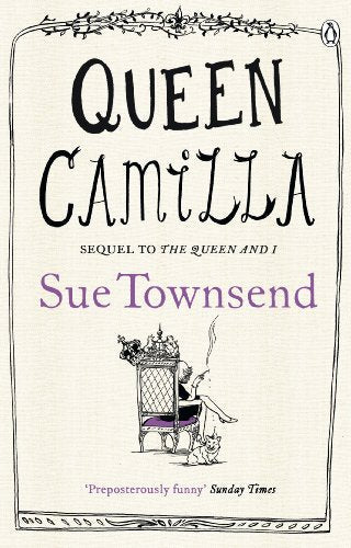 Book cover for Queen Camilla by Sue Townsend featuring a woman sitting with a cat.