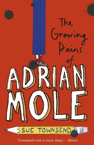 Book cover: "The Growing Pains of Adrian Mole" with legs and pencil.