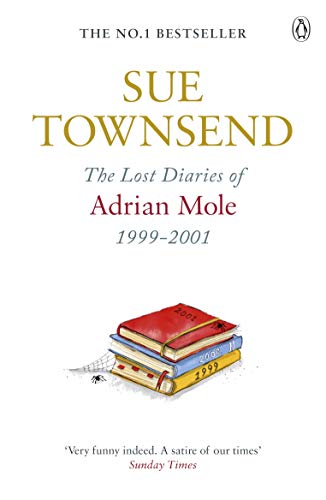 Book cover: “The Lost Diaries of Adrian Mole, 1999-2001” with stacked books.