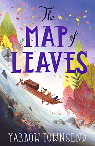 Book cover depicting a small boat navigating a rushing, leafy river.