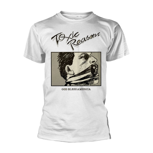 White t-shirt with sketched portrait and "God Bless America" text.