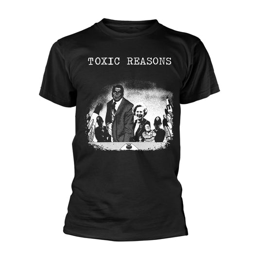 Black t-shirt with monochrome illustration of figures at a table.