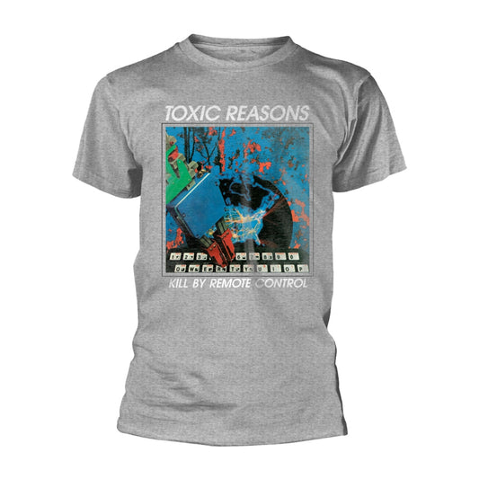 Gray t-shirt with colorful graphic of a remote control and lightning.