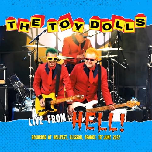 The Toy Dolls band in red suits performing live on stage.