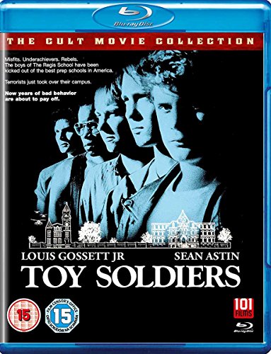 Blu-ray cover for "Toy Soldiers" featuring four young men in uniform.