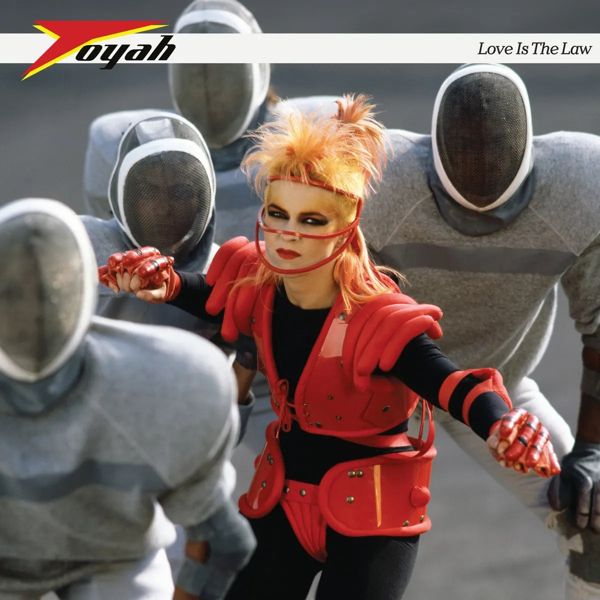 Woman in red fencing gear surrounded by masked figures, album cover.