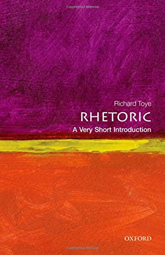 Book cover for Rhetoric: A Very Short Introduction by Richard Toye with abstract background.