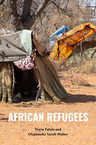 Makeshift shelters in a dusty landscape, book cover reads "African Refugees.