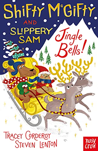 Two dogs in a yellow sleigh pulled by reindeer against a snowy background.