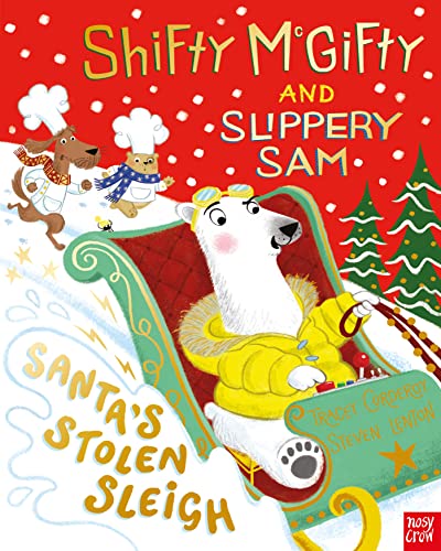 Polar bear driving Santa’s red sleigh with animal passengers.