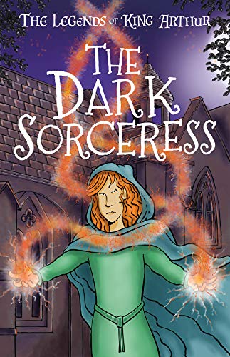A red-haired sorceress in a green hooded cloak casts orange magic before a castle.