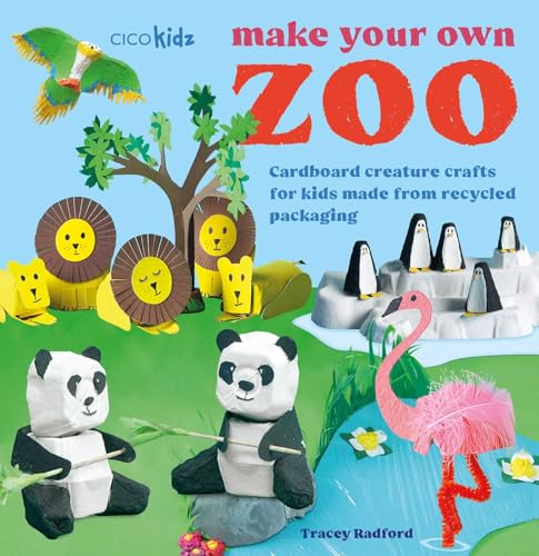 Book cover featuring cardboard animal crafts: lions, pandas, penguins, and a flamingo.