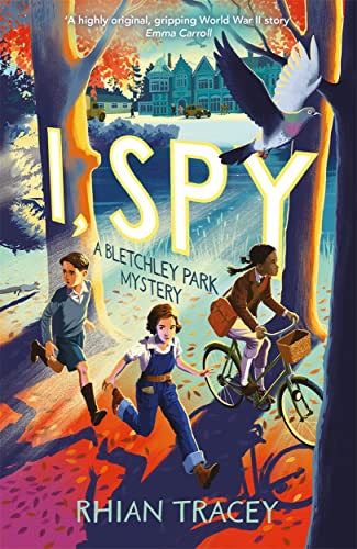 Book cover featuring three children, a pigeon, and Bletchley Park mansion in the background.