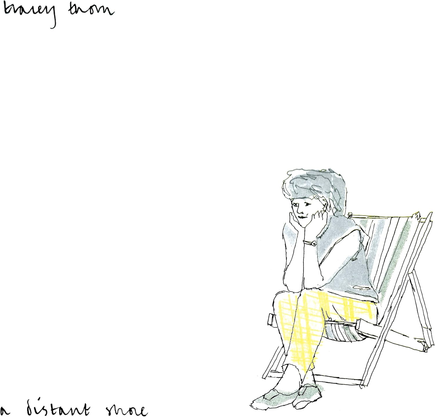 Sketch of a woman sitting in a deck chair, album cover art.