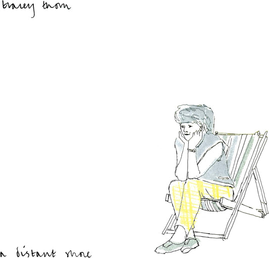 Sketch of a woman sitting in a deck chair, album cover art.
