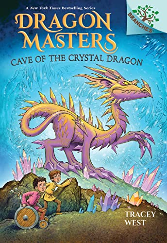 Book cover: purple dragon, two children, and crystal cave illustration.