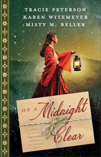 Book cover: woman with lantern, snowy landscape, and title “On a Midnight Clear.”
