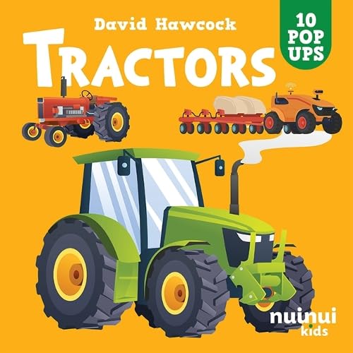 Book cover featuring colorful illustrations of three different tractors.
