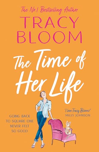 Book cover: orange background, woman and cat, title "The Time of Her Life".
