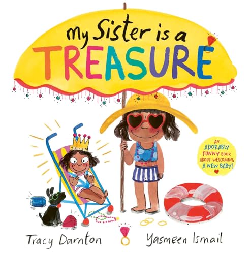 Children’s book cover depicting two girls and a dog with beach toys.