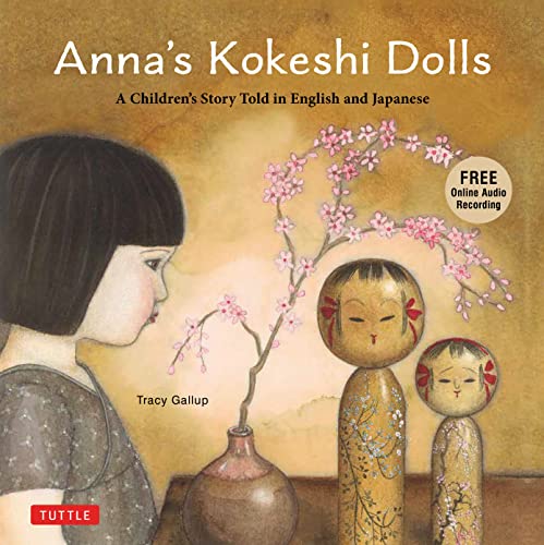 Book cover: girl, kokeshi dolls, and cherry blossoms in soft illustration.