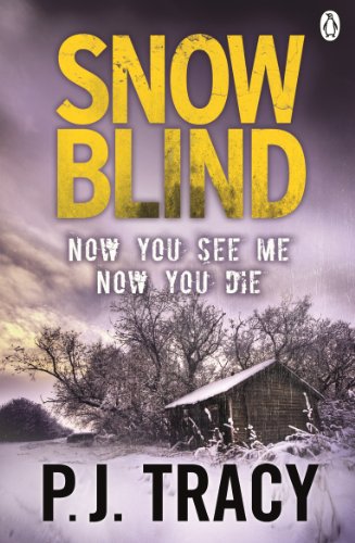 Book cover: “Snow Blind” with snowy landscape and cabin image.