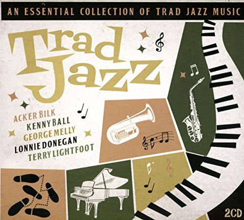 "CD cover with 'Trad Jazz' title, featuring jazz instrument illustrations and artist names."
