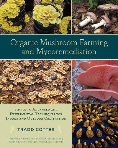 Book cover featuring diverse cultivated mushrooms and the title “Organic Mushroom Farming.”