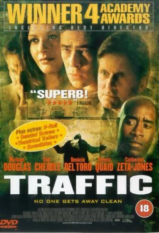 DVD cover for "Traffic" featuring multiple actors and city scenes.