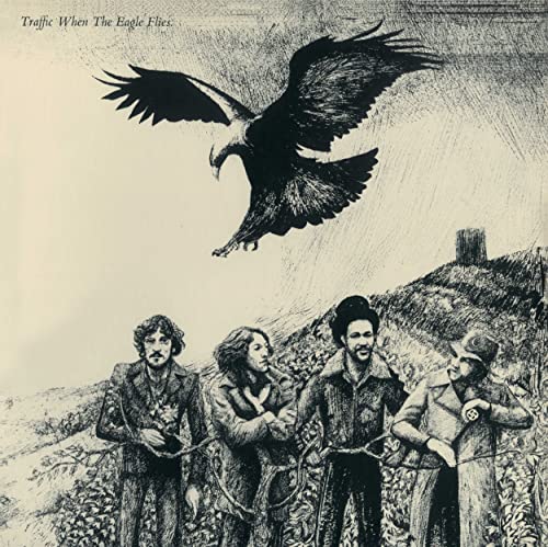 Black and white album cover with four men and an eagle in flight.