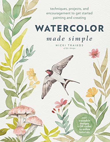 Book cover titled Watercolor Made Simple featuring a watercolor painting of a bird and plants.