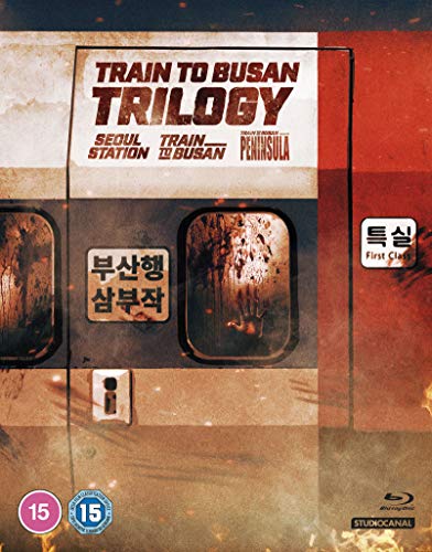 “Train to Busan” trilogy Blu-ray cover featuring a train window and text.