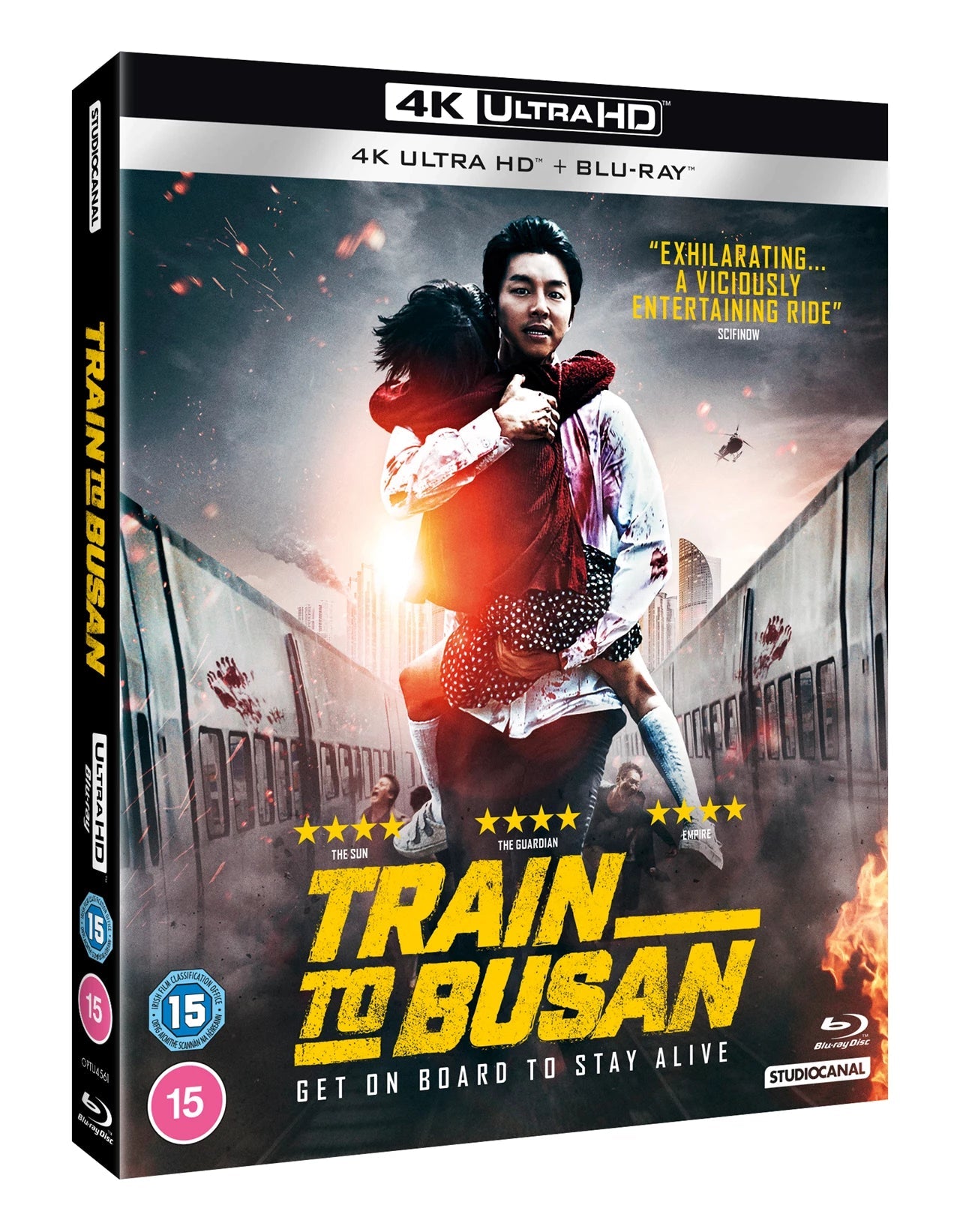 “Train to Busan” UHD Blu-ray cover featuring a man fighting zombies.