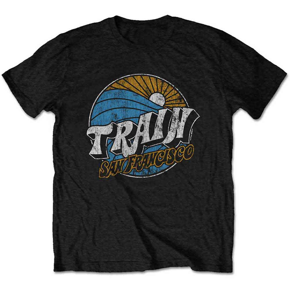 Medium, unisex t-shirt with a wave graphic design in likely blue tones.