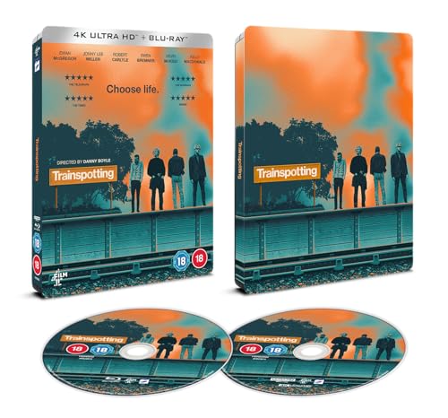 Trainspotting 4K UHD steelbook case and two discs featuring four figures on a wall.
