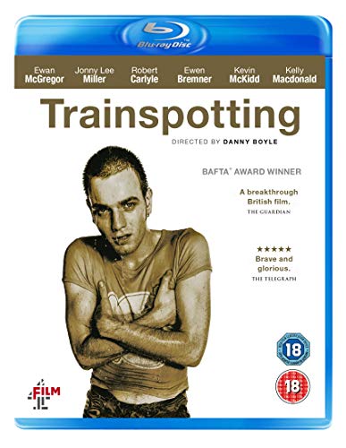 Trainspotting" Blu-ray cover featuring Ewan McGregor in a white tank top.