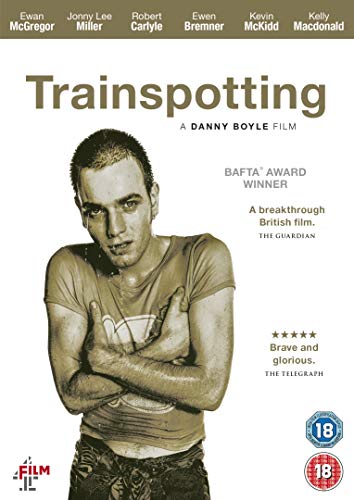 Trainspotting DVD cover featuring Ewan McGregor, film credits, and ratings.