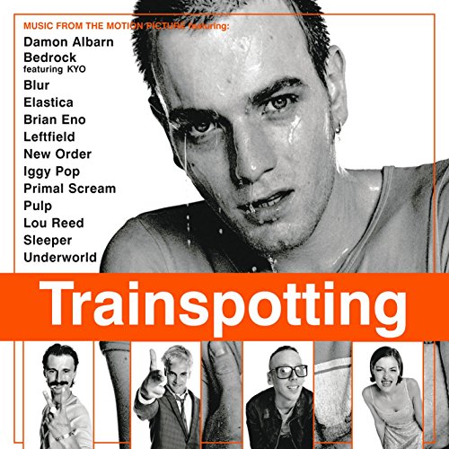 "Trainspotting soundtrack CD cover featuring a man and five smaller portraits below."