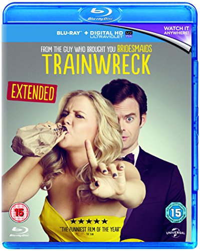 Blu-ray cover for the film Trainwreck featuring Amy Schumer and Bill Hader.