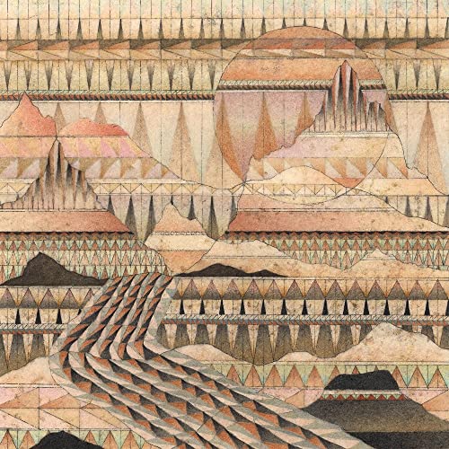 Geometric illustration of mountains and a river in shades of tan, brown, and pink.